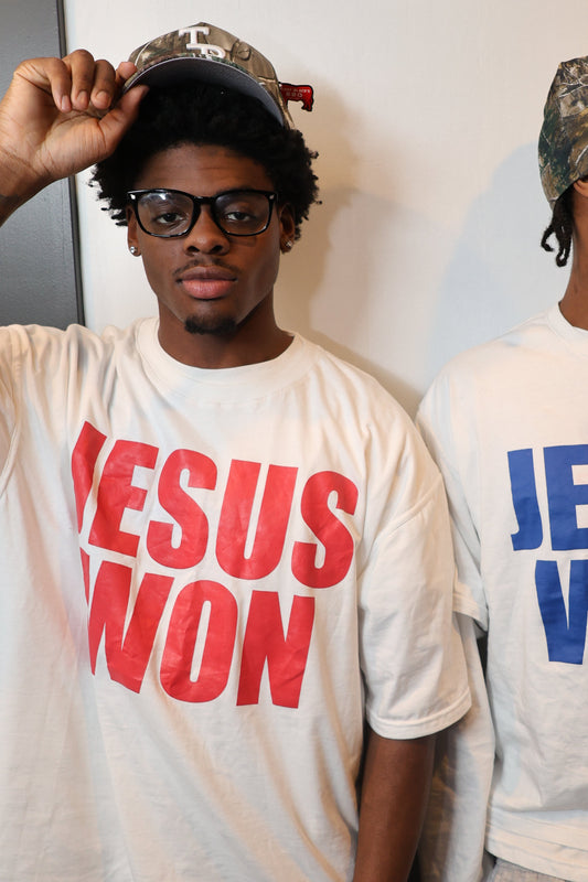 JESUS WON (SHORT SLEEVE T-SHIRT) (RED LETTERS)
