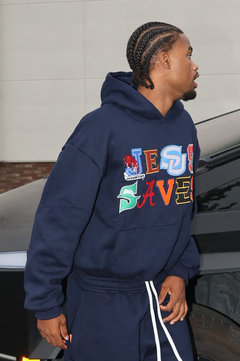 JESUS SAVES UNIVERSITY HOODIE         (NAVY BLUE)