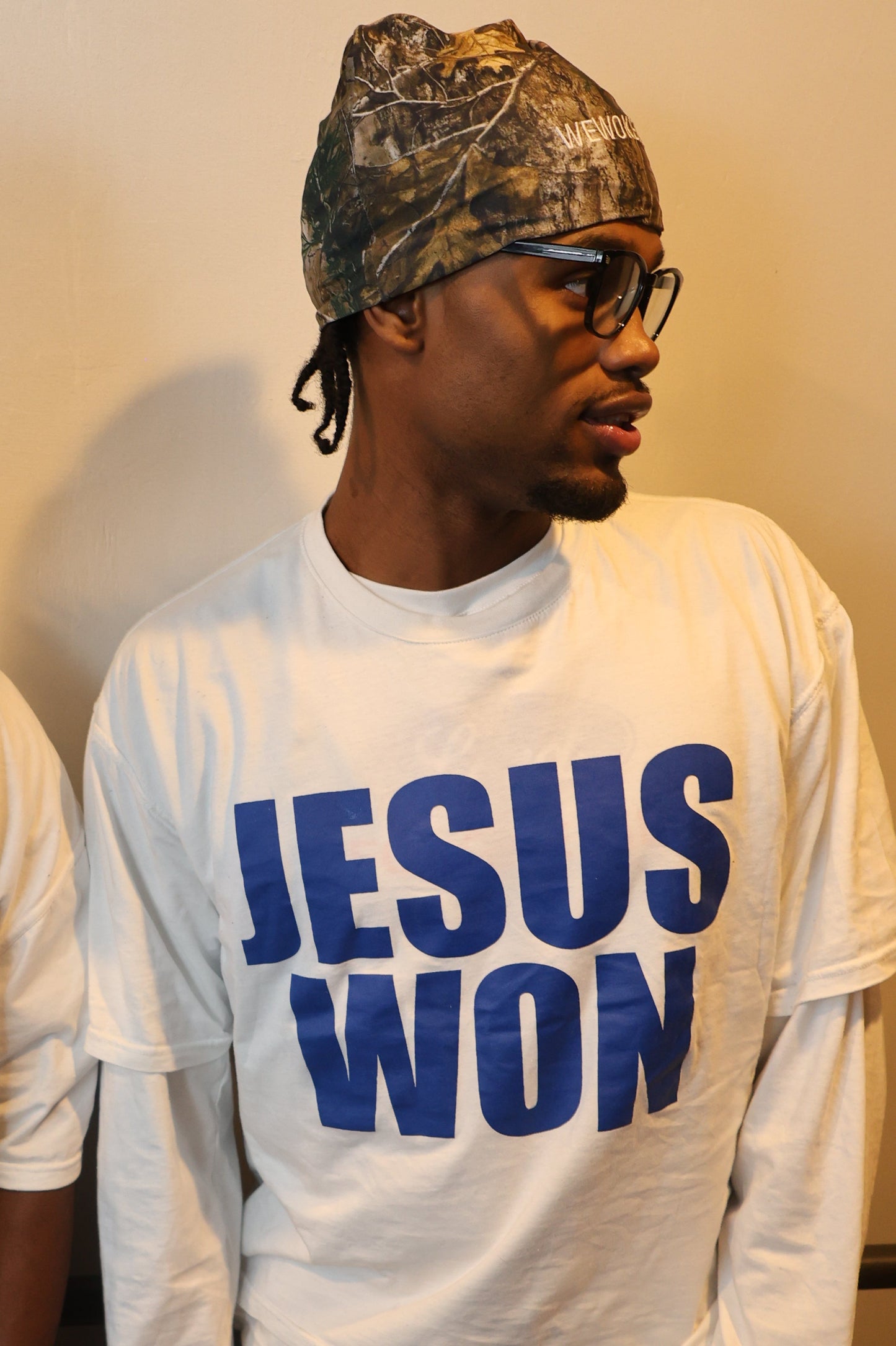 JESUS WON (SHORT SLEEVE T-SHIRT) (BLUE LETTERS)